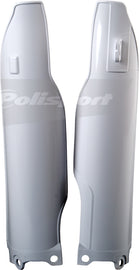 Polisport Plastics white fork guards for motorcycle front suspension, model 64-3830, made of durable plastic material.