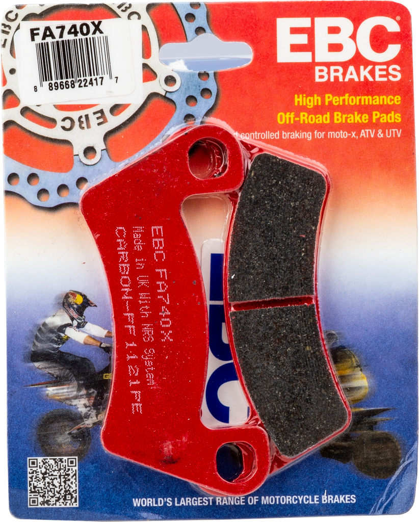 EBC Motorcycle Brakes Fa740x Carbon X Series brake pads showing black ceramic friction material and metal backing plate.