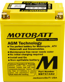 Motobatt MBTX14AU sealed factory-activated motorcycle battery with positive and negative terminals, compact and durable design.