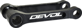 Devol suspension lowering link 60-6810, black metal automotive part, used for vehicle suspension adjustment in the image.