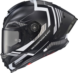 SCORPION EXO Apex Exo Warp full face helmet in Atarax black and white, XL size, with aerodynamic design and ventilation features.