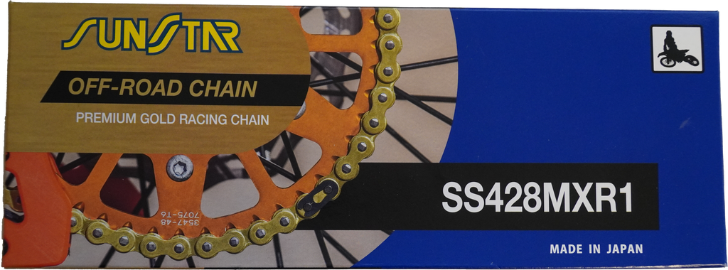 Sunstar MXR1 non-sealed 428x134 gold motorcycle chain showing detailed gold-colored links and branding.