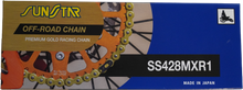 Load image into Gallery viewer, Sunstar MXR1 non-sealed 428x134 gold motorcycle chain showing detailed gold-colored links and branding.