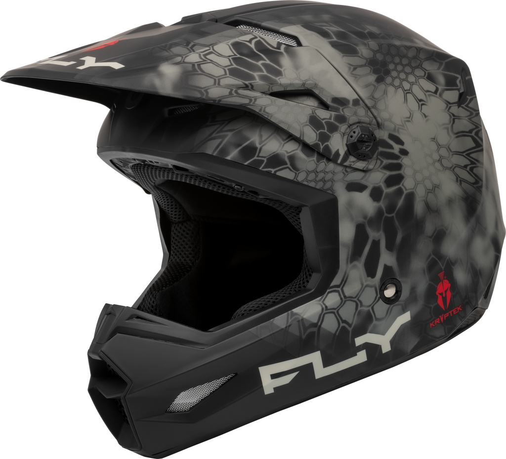 Fly Racing Kinetic Se Kryptek helmet in matte moss grey and black, size large, featuring aerodynamic design and Kryptek camouflage pattern.