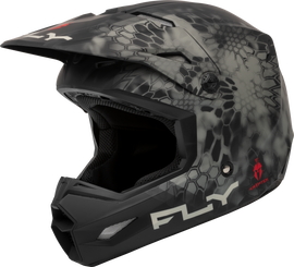 Fly Racing Kinetic Se Kryptek helmet in matte moss grey and black, size large, featuring aerodynamic design and Kryptek camouflage pattern.