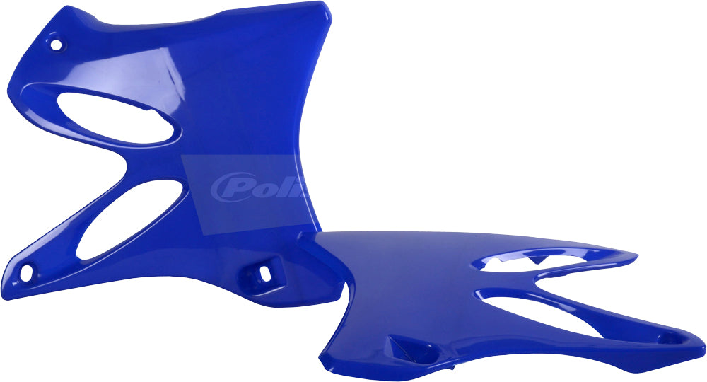 Polisport Plastics blue radiator shroud body for off-road motorcycle, with mounting points and vent openings visible.