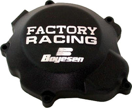Black Boyesen Factory Racing Ignition Cover for motorcycles, featuring a sleek design and brand logo, mounted on engine components.