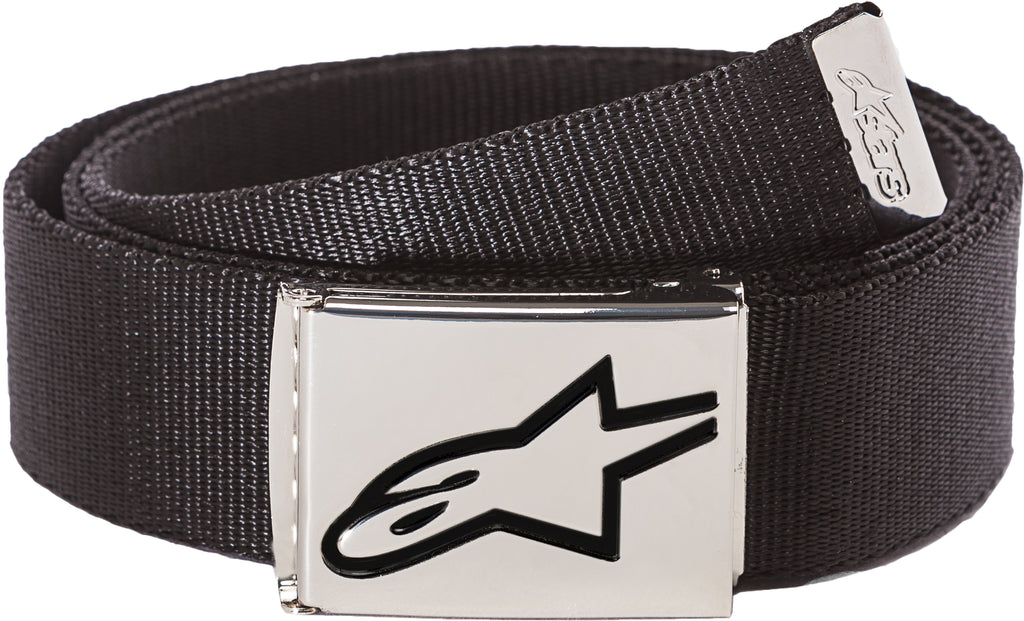 Alpine Star Ageless Web Belt in black chrome, accessory with a sleek web design, featuring metal buckle and branding details.