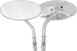 HardDrive Oval Chrome Mirror with short stem, designed for motorcycle handlebars, featuring a sleek, polished finish.