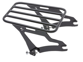Black Cobra detachable luggage rack with sturdy metal frame, designed for motorcycles, shown installed on bike.