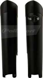 Polisport Plastics black fork guards for motorcycle, body protection, model 64-39411, with sleek design and durable plastic construction.