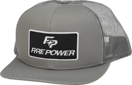 Fire Power grey flat bill patch hat with embroidered front design and adjustable strap, casual accessory for everyday wear.