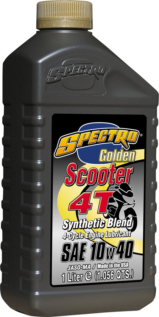 Spectro Golden Scooter Semi-Syn 4T 10W40 engine oil container, 1-liter bottle for motorcycle engine lubrication.