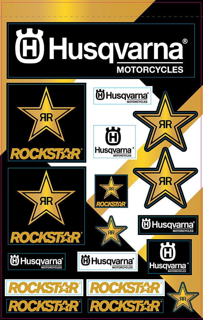 DCOR Husqvarna Racing decal sheet with various graphics and decals for Husqvarna motorcycles, designed for custom racing graphics.