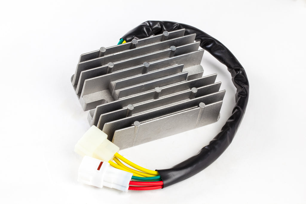 Ricks Motorsport Electric regulator and rectifier for motorcycle electrical system, with metal mounting bracket and electrical connectors.