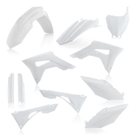 Acerbis full plastic kit in white, featuring various motorcycle body panels and components on a clean background.