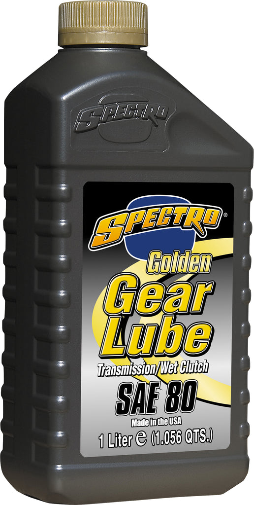 Spectro Golden Gear Lube 80w motor oil in 1-liter bottle, focusing on the chemical bottle with label visible and branding details.