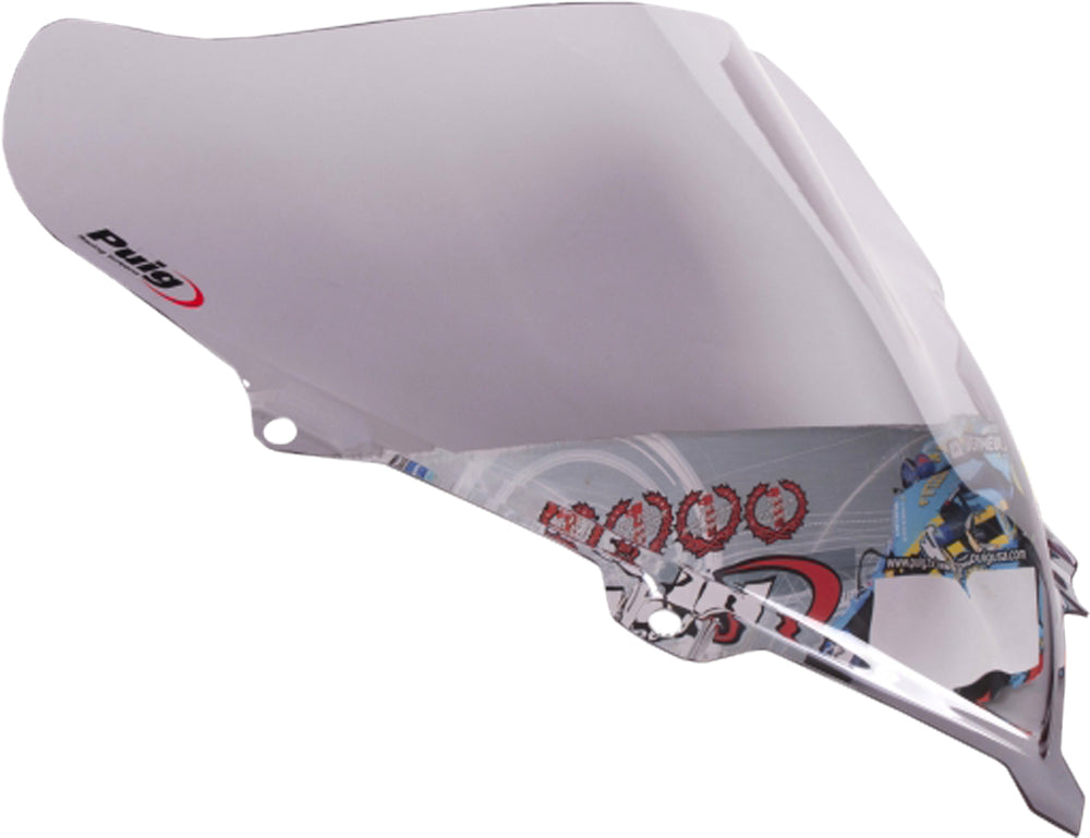 PUIG Racing Smoke Windscreen for motorcycle, curved windshield with dark tinted smoke finish, aerodynamic design.