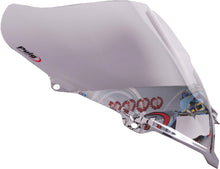 Load image into Gallery viewer, PUIG Racing Smoke Windscreen for motorcycle, curved windshield with dark tinted smoke finish, aerodynamic design.