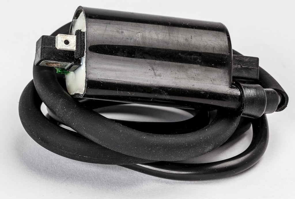Ricks Motorsport Electric ignition coil for motorcycle, black cylindrical electrical component with connecting wires and mounting points
