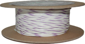 White and violet striped 100-foot spool of 20-gauge electrical wire by Namz, shown coiled on a reel.