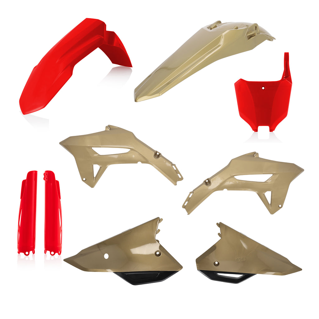 Acerbis full plastic motorcycle kit in red and gold, includes various plastic panels and components for bike customization.