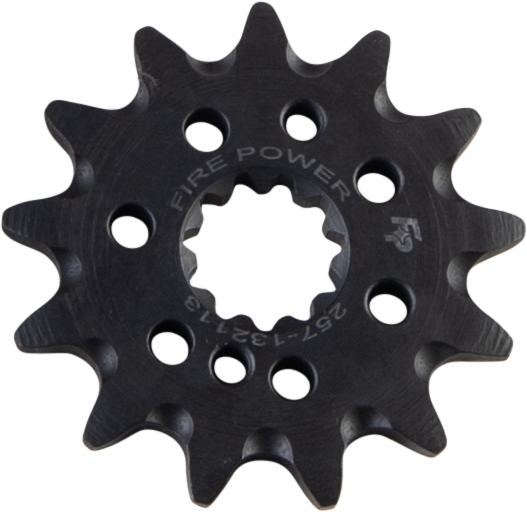 Steel 13-tooth front CS sprocket for Honda CRF250 by Fire Power, showing the durable sprocket with teeth and mounting hole details.