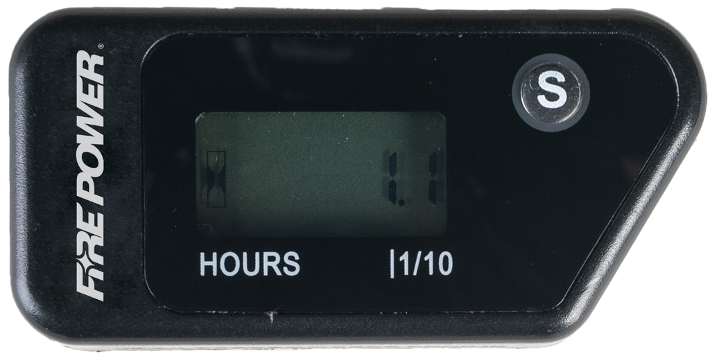 Fire Power wireless hour meter gauge with digital display and mounting bracket for monitoring engine run hours.