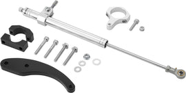 HardDrive steering damper for 2014-2016 flat silver motorcycles, part 820-52285, includes mounting hardware.