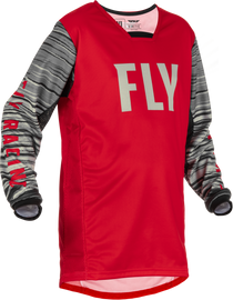 Fly Racing Youth Kinetic Wave jersey in red and grey, size YM, lightweight motocross jersey with bold wave design.