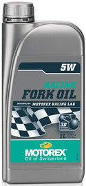 Motorex Low Friction Racing Fork Oil 5W 1L bottle, a high-performance motorcycle suspension oil in a plastic container.
