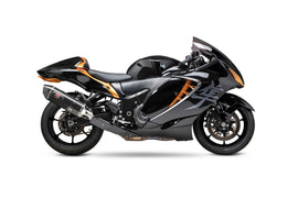 Yoshimura Race R77 slip-on exhaust with carbon fiber end cap for Suzuki motorcycles, showcasing the sleek black and carbon fiber design.