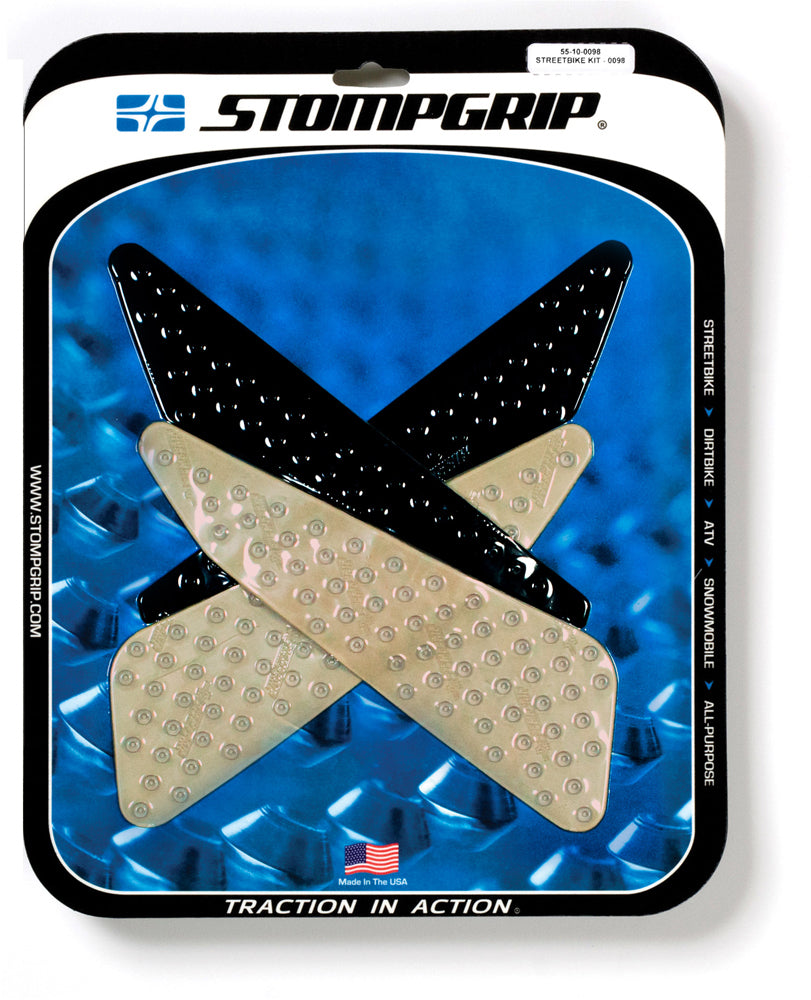 Stompgrip Tank Pad Kit Volcano clear and black for motorcycle body protection, featuring textured rubber surface for grip.