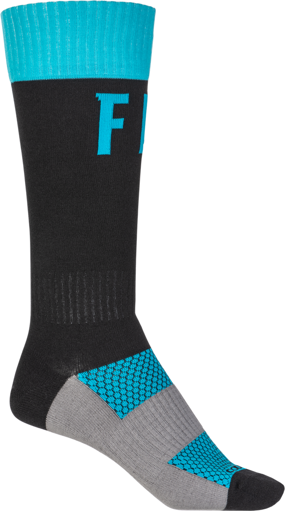 Fly Racing MX Pro Socks in blue and black, size small/medium, featuring cushioned design and moisture-wicking fabric for motocross riding.