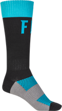 Load image into Gallery viewer, Fly Racing MX Pro Socks in blue and black, size small/medium, featuring cushioned design and moisture-wicking fabric for motocross riding.