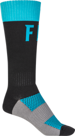 Fly Racing MX Pro Socks in blue and black, size small/medium, featuring cushioned design and moisture-wicking fabric for motocross riding.
