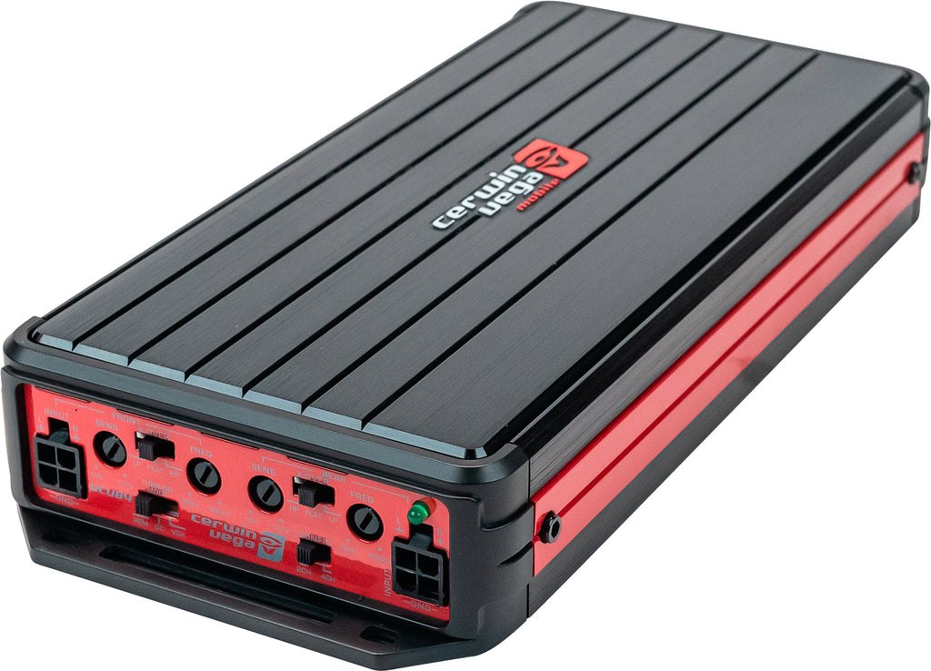Cerwin-Vega 165x4 RMS 4-channel car amplifier showing front panel with control knobs and connectivity ports.