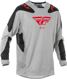Fly Racing Kinetic Sym motocross jersey in light grey, red, and black, shown on a hanger with a close-up of fabric and design details.