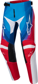 Alpine Star youth Racer Pneuma pants in blue, Mars red, and white with size 26, featuring racing-style design and branding.