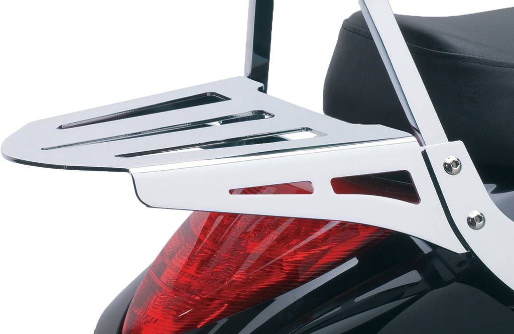 Chrome Cobra Sissy Bar Luggage Rack for motorcycles, formed metal design with mounting hardware, model 82-97540.