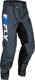 Fly Racing Youth Kinetic Prix Pants in bright blue, charcoal, and white, size 18, featuring sporty motocross-style design.