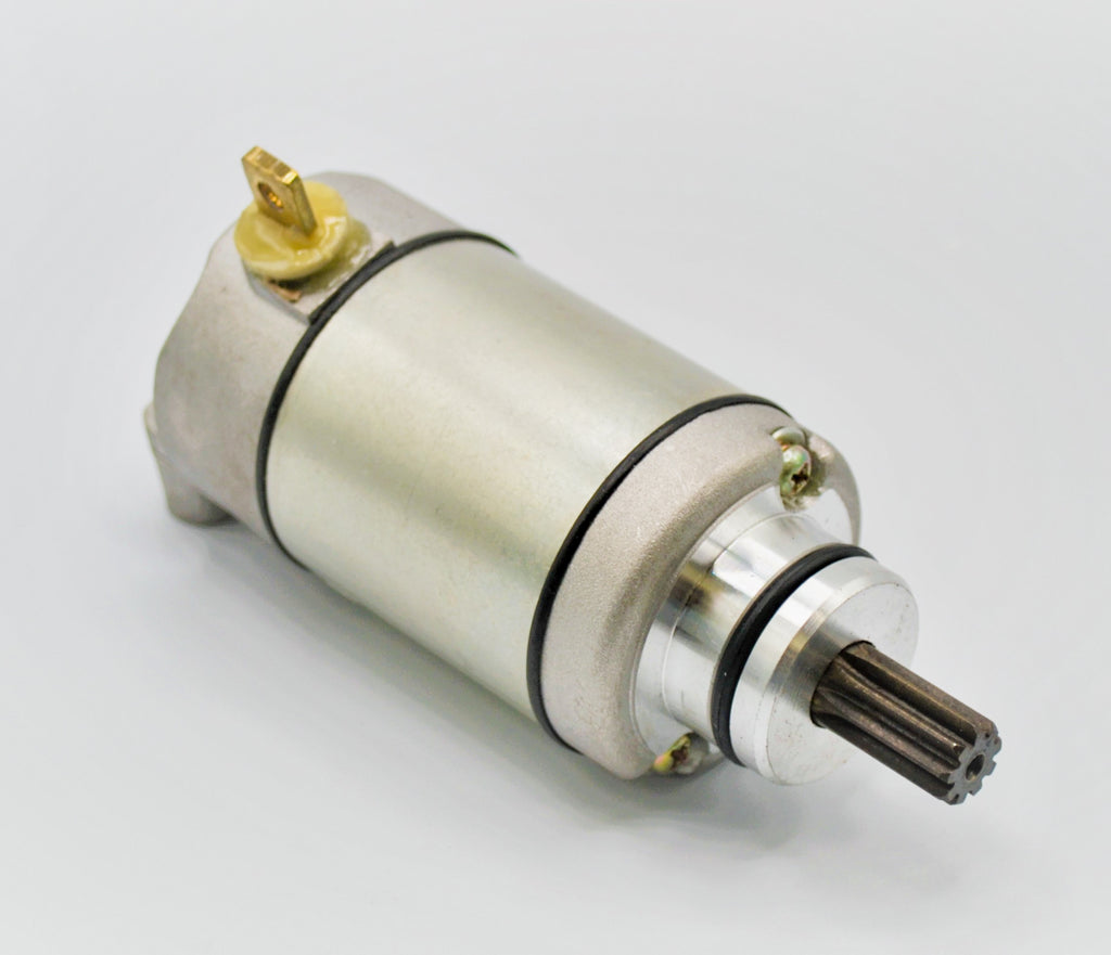 Ricks Motorsport Electric starter motor 27-61431, a compact black starter for motorcycle engines, with electrical connectors visible.
