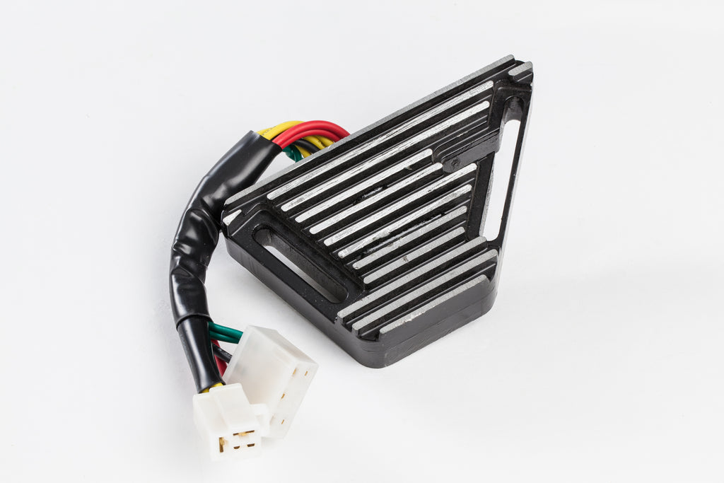 Ricks Motorsport Electric regulator and rectifier for motorcycle, showing metal fins and electrical connectors.