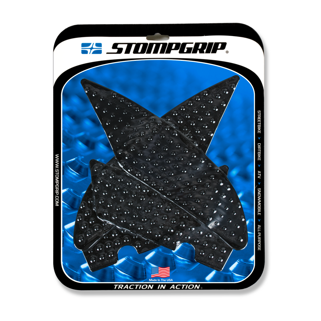 Stompgrip Tank Pad Kit Volcano Black for motorcycle body protection, featuring black textured grips on a sleek motorcycle tank.