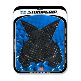 Stompgrip Tank Pad Kit Volcano Black for motorcycle body protection, featuring black textured grips on a sleek motorcycle tank.