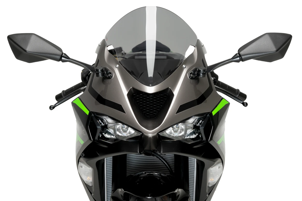 PUIG R-Racer Smoke motorcycle windscreen for Kawasaki, clear tinted windscreen with aerodynamic design.