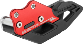 ZETA durable red and black chain guide for motorcycle chains, showing the sturdy design and mounting bracket.