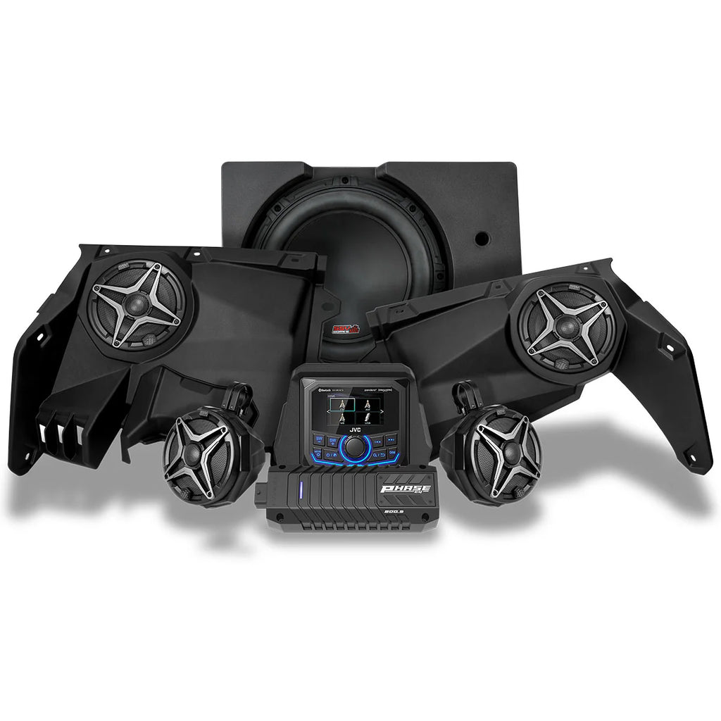 SSV Works 5-speaker audio kit with JVC controller, includes speakers and wiring for ATV or UTV audio systems.