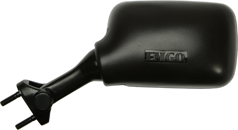 Emgo left motorcycle mirror with 8mm mounting, featuring a round reflective surface and black finish for easy installation.