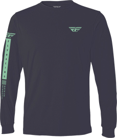 Fly Racing Fly Tribe long sleeve tee in navy and green, featuring a graphic design, size small, casual apparel for motocross enthusiasts.